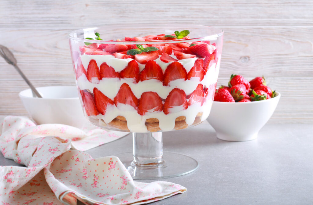 Strawberry trifle in a gorgeous trifle bowl