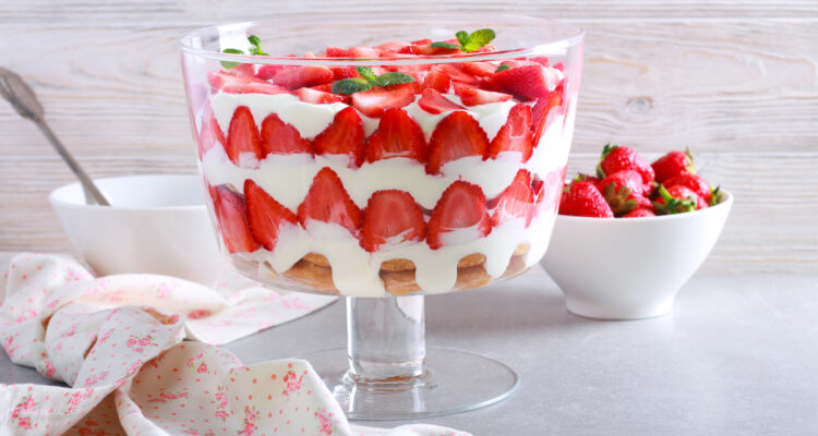 Strawberry trifle in a gorgeous trifle bowl